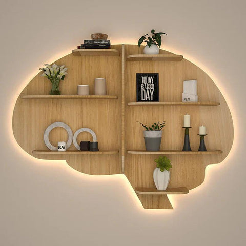 Brain Shape Backlit Designer Wooden Wall Shelf / Book Shelf / Night Light, Light Oak Finish - Decor Mantra 