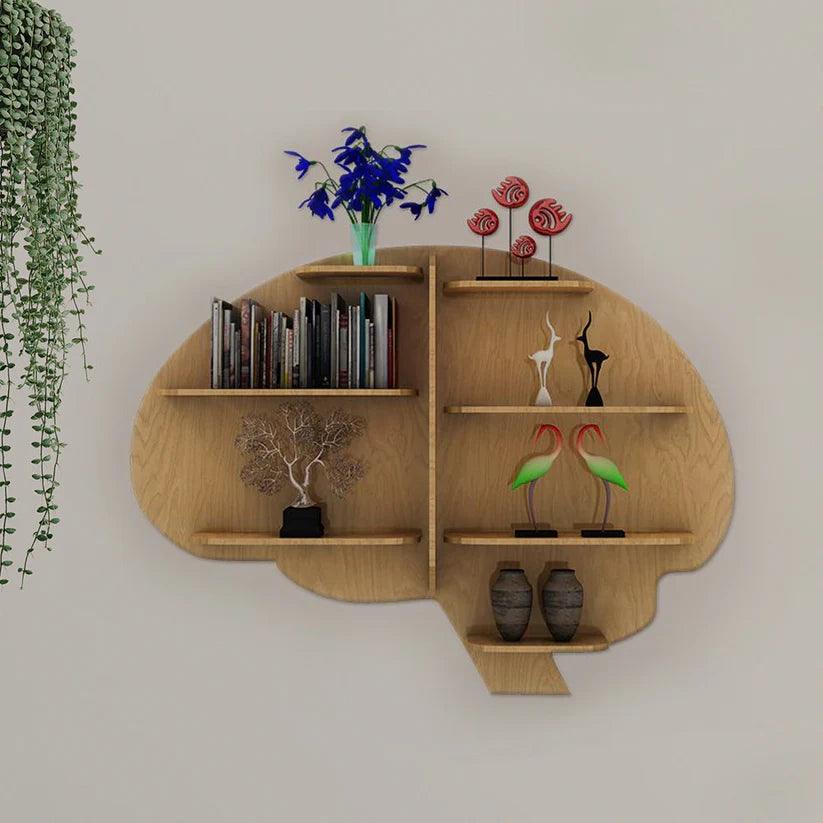 Brain Shape Backlit Designer Wooden Wall Shelf / Book Shelf / Night Light, Light Oak Finish - Decor Mantra 