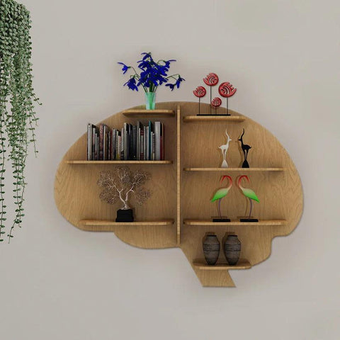 Brain Shape Backlit Designer Wooden Wall Shelf / Book Shelf / Night Light, Light Oak Finish - Decor Mantra 