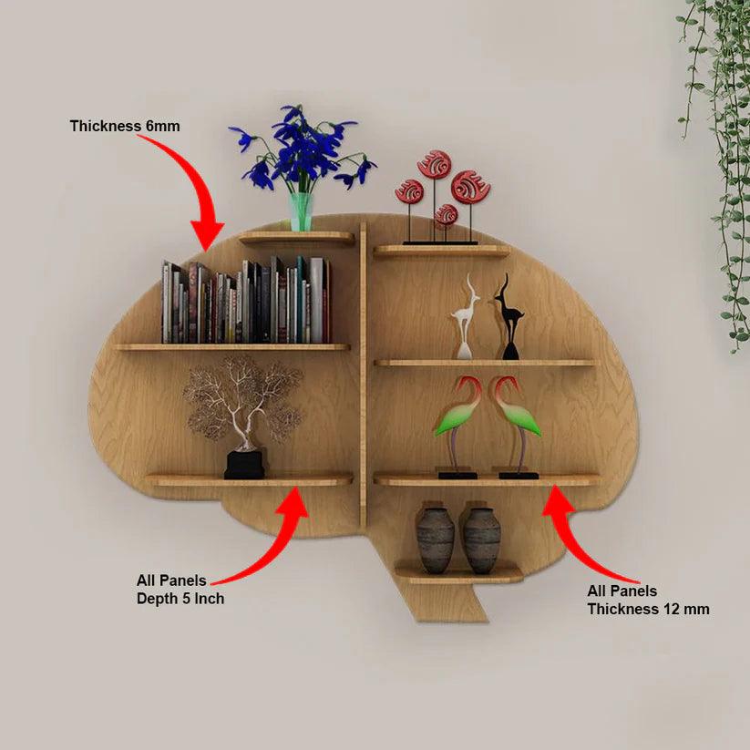 Brain Shape Backlit Designer Wooden Wall Shelf / Book Shelf / Night Light, Light Oak Finish - Decor Mantra 