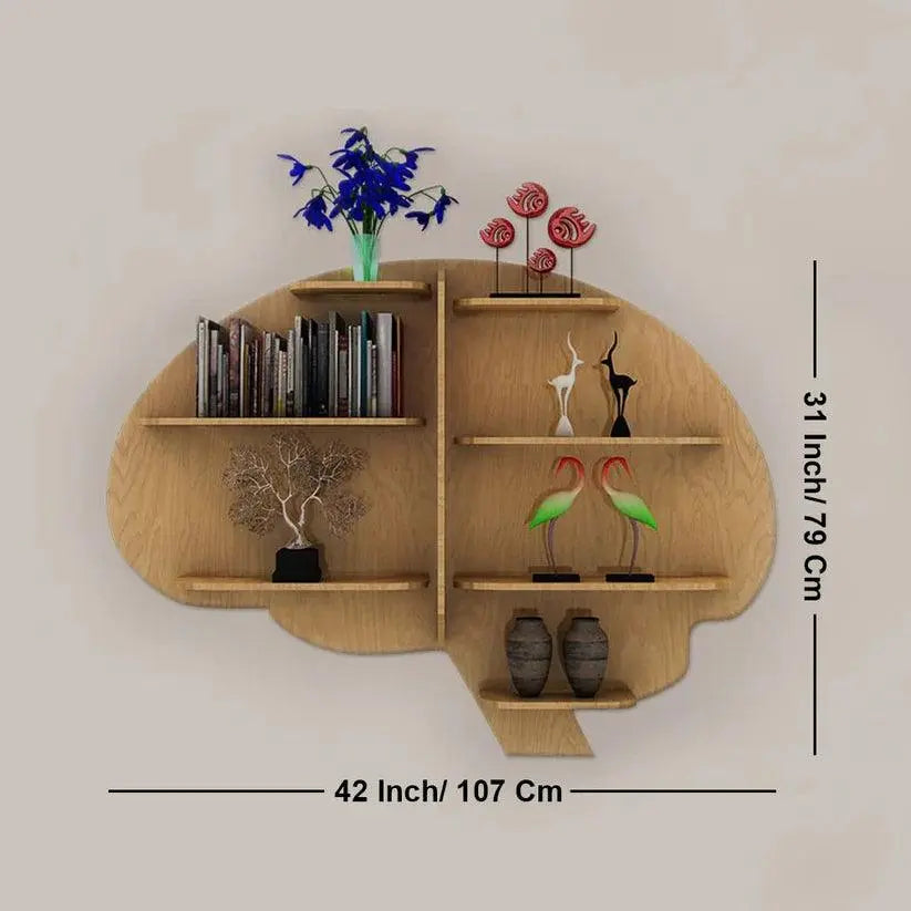 Brain Shape Backlit Designer Wooden Wall Shelf / Book Shelf / Night Light, Light Oak Finish - Decor Mantra 