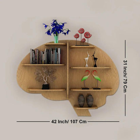 Brain Shape Backlit Designer Wooden Wall Shelf / Book Shelf / Night Light, Light Oak Finish - Decor Mantra 
