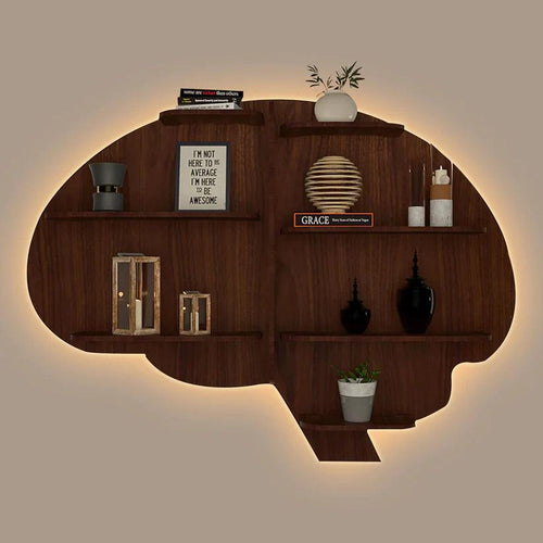Brain Shape Backlit Designer Wooden Wall Shelf / Book Shelf / Night Light, Walnut Finish - Decor Mantra