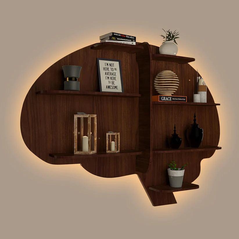 Brain Shape Backlit Designer Wooden Wall Shelf / Book Shelf / Night Light, Walnut Finish - Decor Mantra 