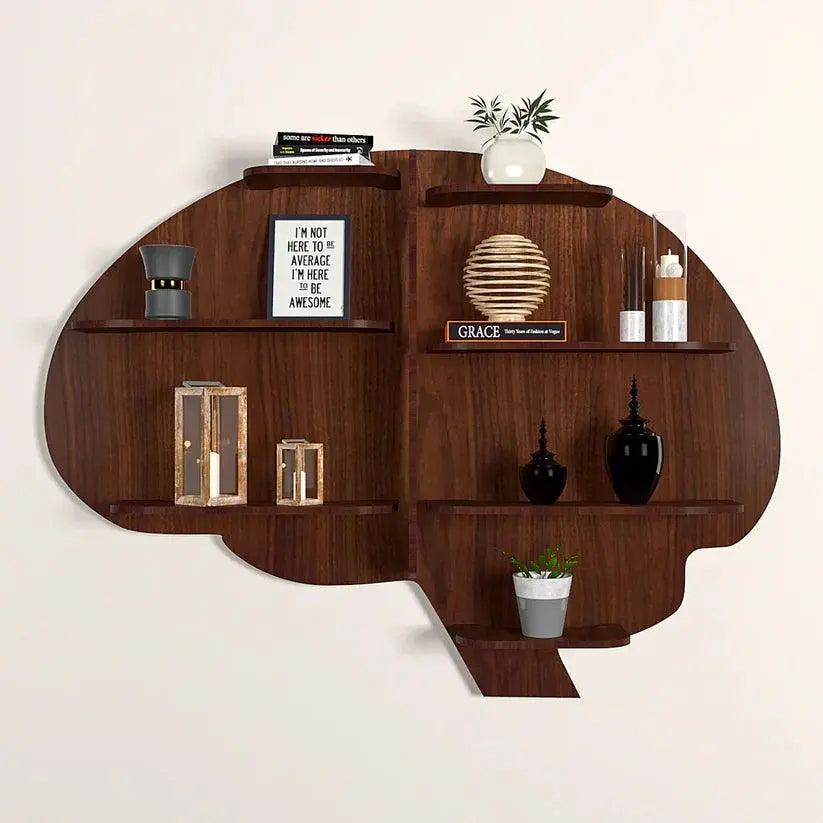 Brain Shape Backlit Designer Wooden Wall Shelf / Book Shelf / Night Light, Walnut Finish - Decor Mantra 
