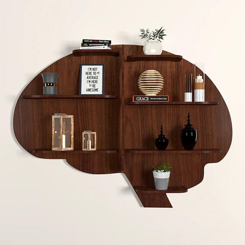 Brain Shape Backlit Designer Wooden Wall Shelf / Book Shelf / Night Light, Walnut Finish - Decor Mantra 