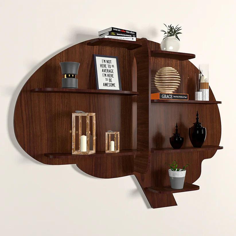 Brain Shape Backlit Designer Wooden Wall Shelf / Book Shelf / Night Light, Walnut Finish - Decor Mantra 