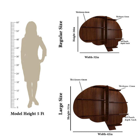 Brain Shape Backlit Designer Wooden Wall Shelf / Book Shelf / Night Light, Walnut Finish - Decor Mantra 