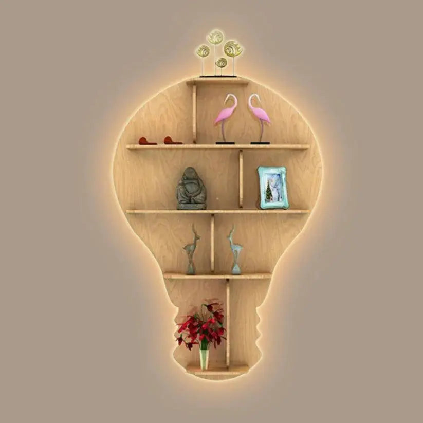 Bulb Shape Backlit Designer Wooden Wall Shelf / Book Shelf / Night Light, Light Oak Finish - Decor Mantra 