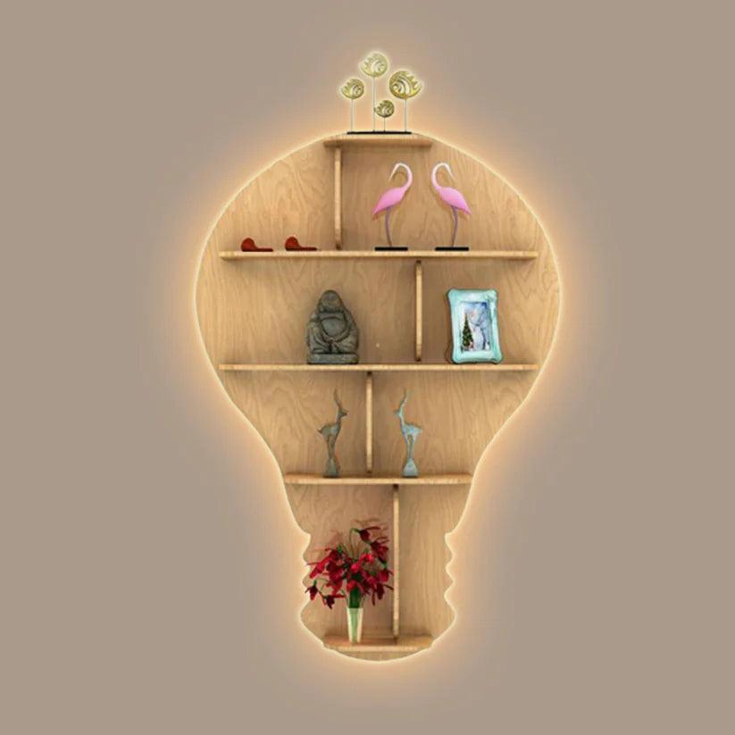 Bulb Shape Backlit Designer Wooden Wall Shelf / Book Shelf / Night Light, Light Oak Finish - Decor Mantra 
