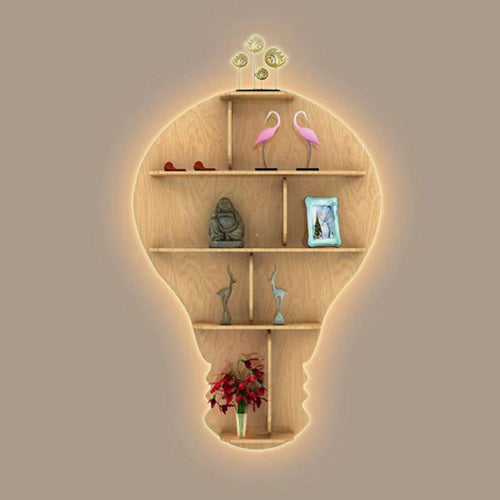 Bulb Shape Backlit Designer Wooden Wall Shelf / Book Shelf / Night Light, Light Oak Finish - Decor Mantra