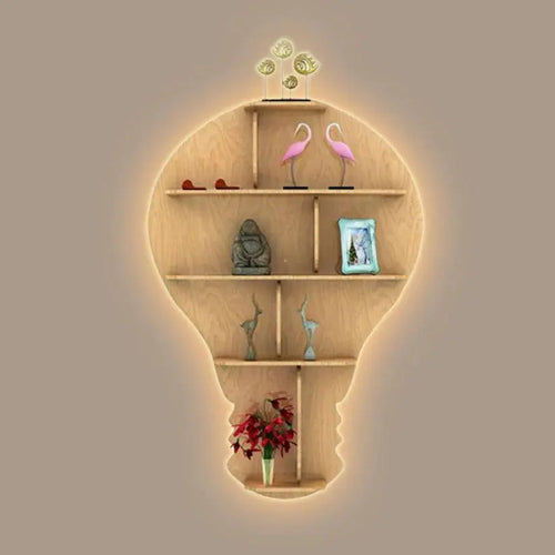 Bulb Shape Backlit Designer Wooden Wall Shelf / Book Shelf / Night Light, Light Oak Finish - Decor Mantra