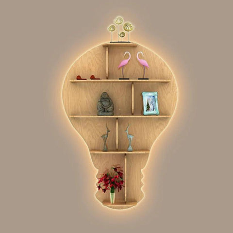 Bulb Shape Backlit Designer Wooden Wall Shelf / Book Shelf / Night Light, Light Oak Finish - Decor Mantra 