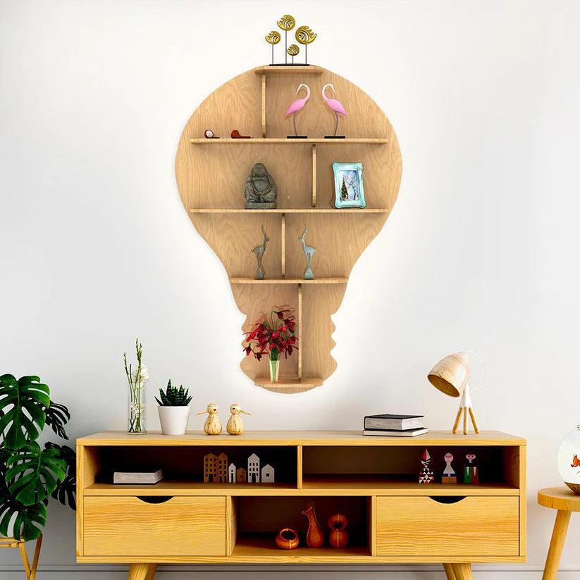 Bulb Shape Backlit Designer Wooden Wall Shelf / Book Shelf / Night Light, Light Oak Finish - Decor Mantra 