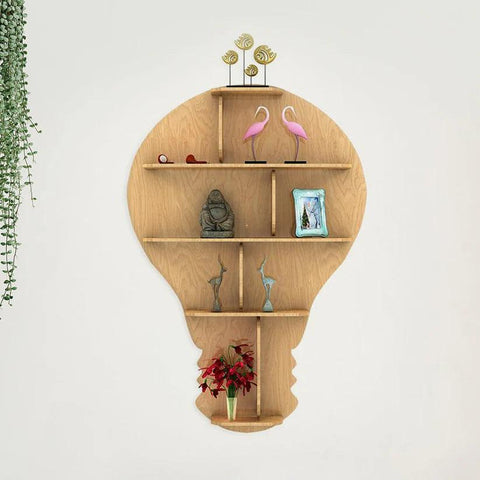 Bulb Shape Backlit Designer Wooden Wall Shelf / Book Shelf / Night Light, Light Oak Finish - Decor Mantra 
