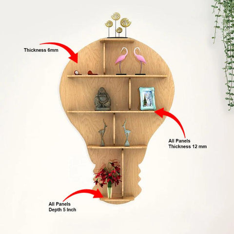 Bulb Shape Backlit Designer Wooden Wall Shelf / Book Shelf / Night Light, Light Oak Finish - Decor Mantra 