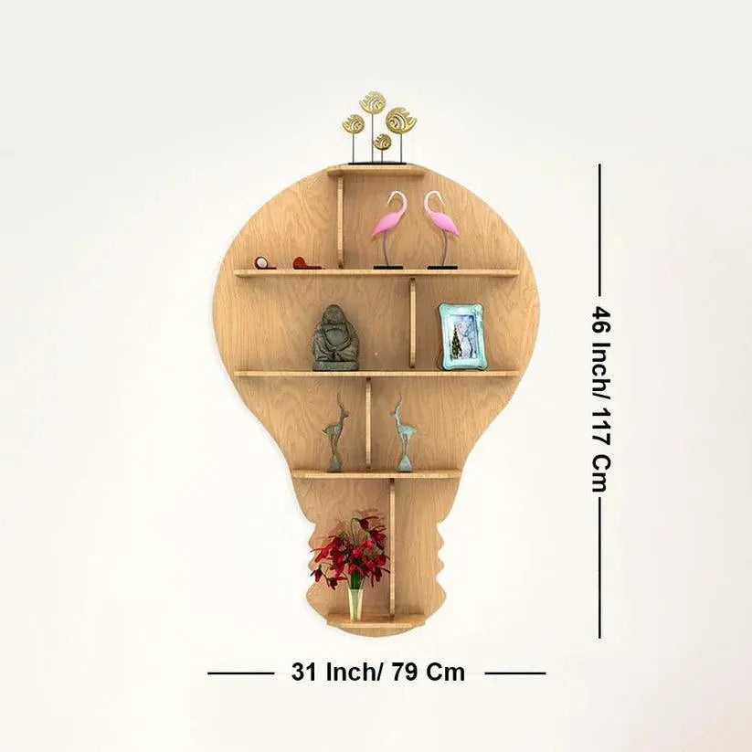 Bulb Shape Backlit Designer Wooden Wall Shelf / Book Shelf / Night Light, Light Oak Finish - Decor Mantra 