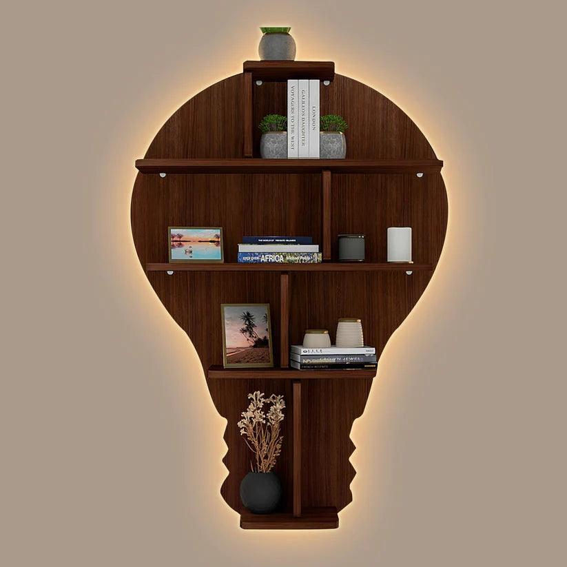 Bulb Shape Backlit Designer Wooden Wall Shelf / Book Shelf / Night Light, Walnut Finish - Decor Mantra 