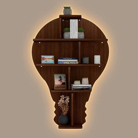 Bulb Shape Backlit Designer Wooden Wall Shelf / Book Shelf / Night Light, Walnut Finish - Decor Mantra 