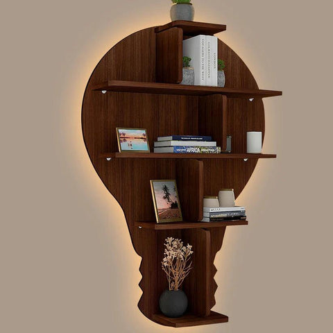 Bulb Shape Backlit Designer Wooden Wall Shelf / Book Shelf / Night Light, Walnut Finish - Decor Mantra 