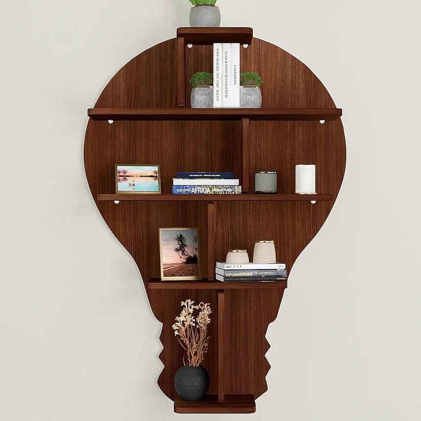 Bulb Shape Backlit Designer Wooden Wall Shelf / Book Shelf / Night Light, Walnut Finish - Decor Mantra 