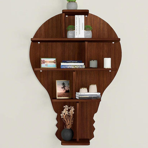 Bulb Shape Backlit Designer Wooden Wall Shelf / Book Shelf / Night Light, Walnut Finish - Decor Mantra 
