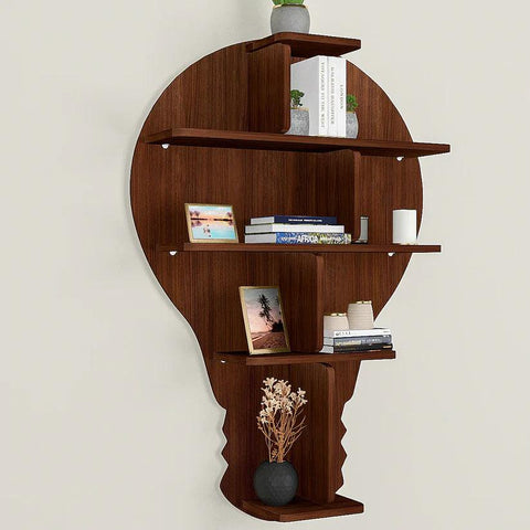 Bulb Shape Backlit Designer Wooden Wall Shelf / Book Shelf / Night Light, Walnut Finish - Decor Mantra 