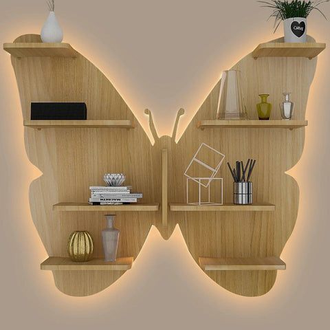 Butterfly Shape Backlit Designer Wooden Wall Shelf / Book Shelf / Night Light, Oak Finish - Decor Mantra 