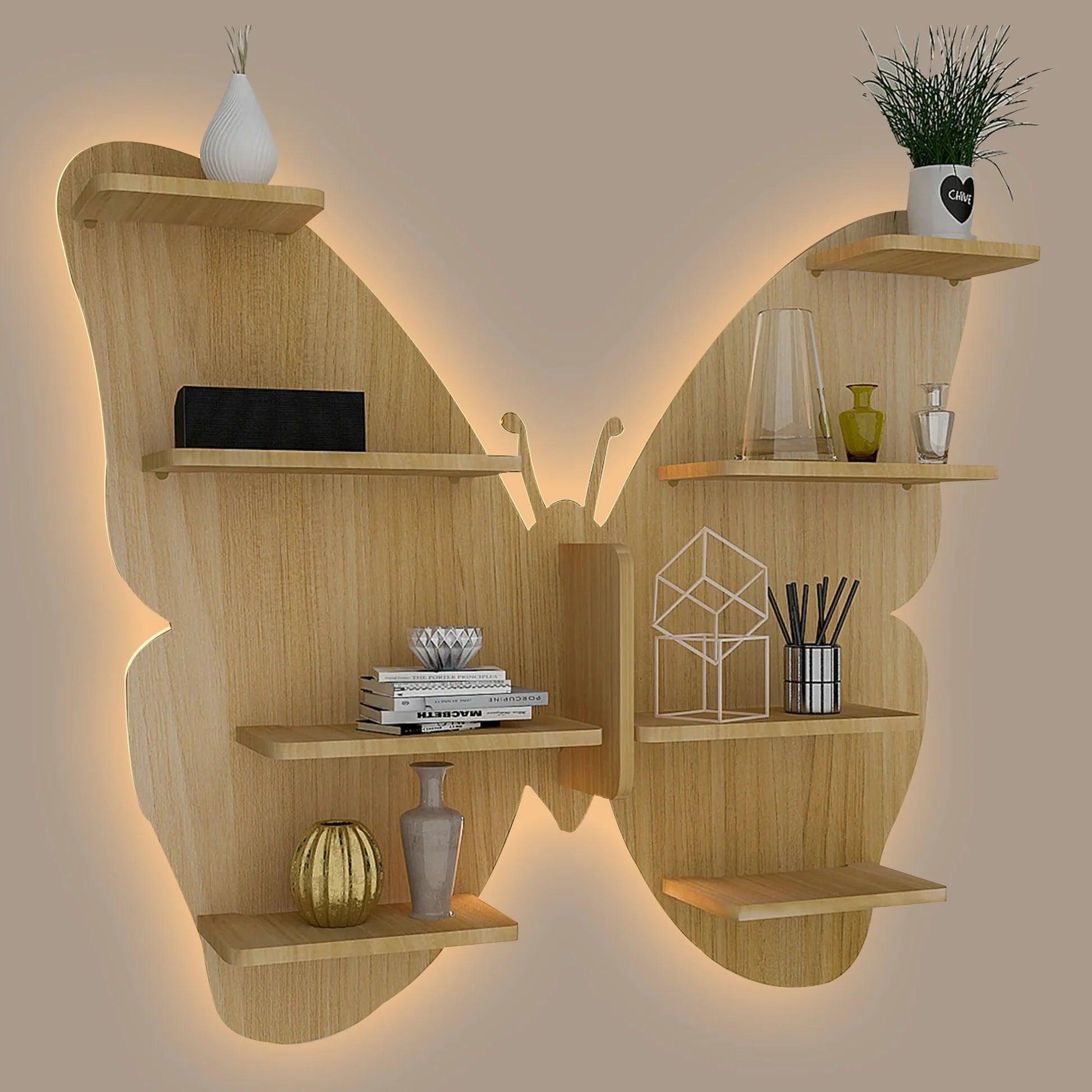 Butterfly Shape Backlit Designer Wooden Wall Shelf / Book Shelf / Night Light, Oak Finish - Decor Mantra 