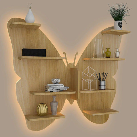 Butterfly Shape Backlit Designer Wooden Wall Shelf / Book Shelf / Night Light, Oak Finish - Decor Mantra 