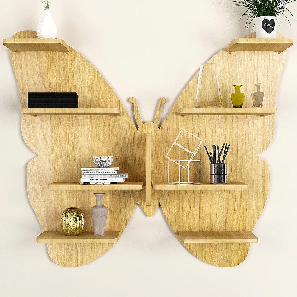 Butterfly Shape Backlit Designer Wooden Wall Shelf / Book Shelf / Night Light, Oak Finish - Decor Mantra 