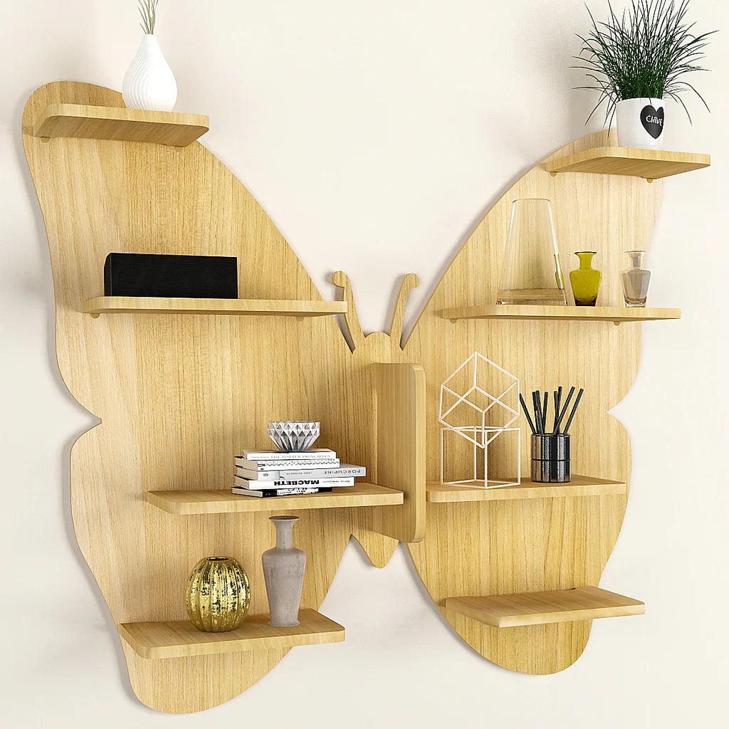 Butterfly Shape Backlit Designer Wooden Wall Shelf / Book Shelf / Night Light, Oak Finish - Decor Mantra 
