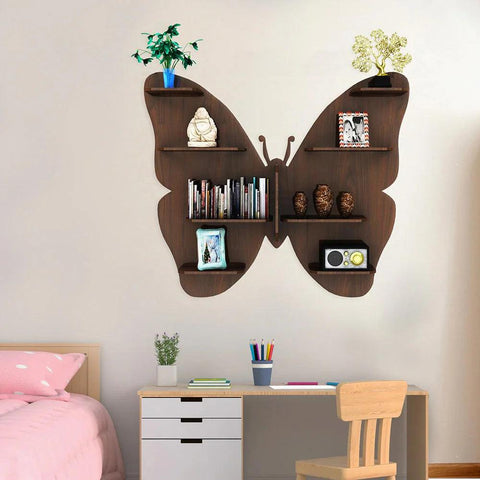 Butterfly Shape Backlit Designer Wooden Wall Shelf / Book Shelf / Night Light, Walnut Finish - Decor Mantra 