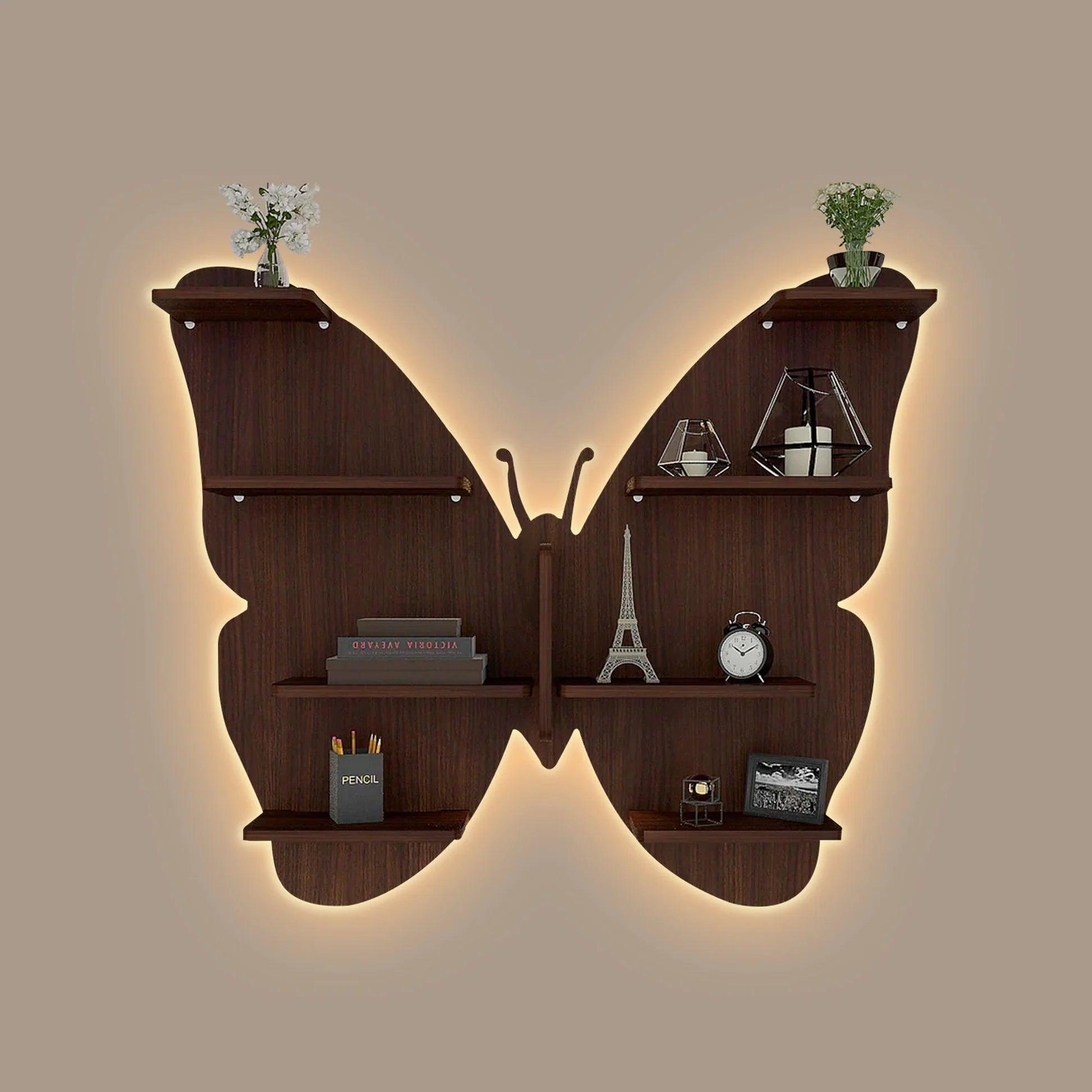Butterfly Shape Backlit Designer Wooden Wall Shelf / Book Shelf / Night Light, Walnut Finish - Decor Mantra 