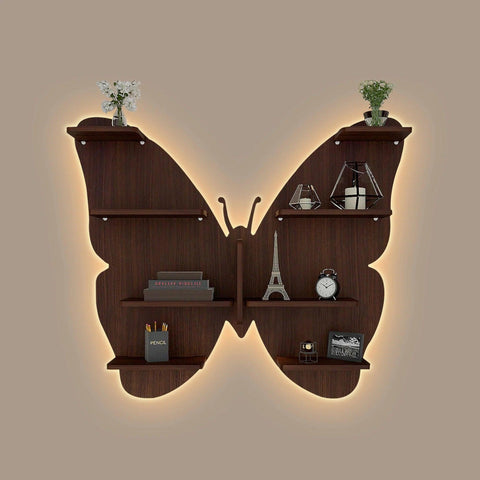 Butterfly Shape Backlit Designer Wooden Wall Shelf / Book Shelf / Night Light, Walnut Finish - Decor Mantra 