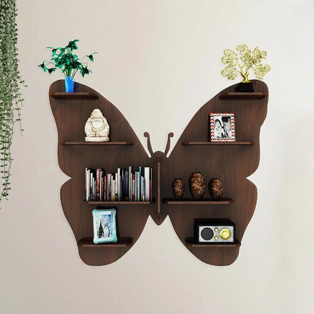 Butterfly Shape Backlit Designer Wooden Wall Shelf / Book Shelf / Night Light, Walnut Finish - Decor Mantra 