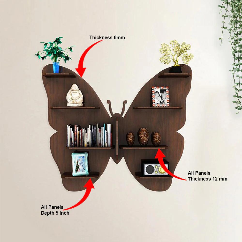 Butterfly Shape Backlit Designer Wooden Wall Shelf / Book Shelf / Night Light, Walnut Finish - Decor Mantra 