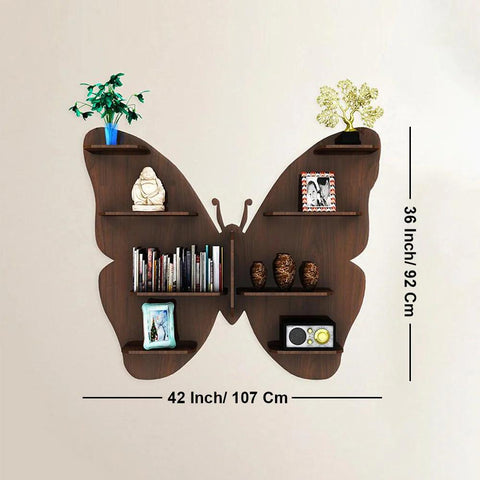 Butterfly Shape Backlit Designer Wooden Wall Shelf / Book Shelf / Night Light, Walnut Finish - Decor Mantra 