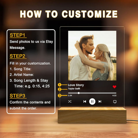 Custom Photo Music Plaque, Personalized Photo Frame, Album Cover Song Plaque, Music Photo Name Night Lamp, Anniversary Gifts, Gift for Her