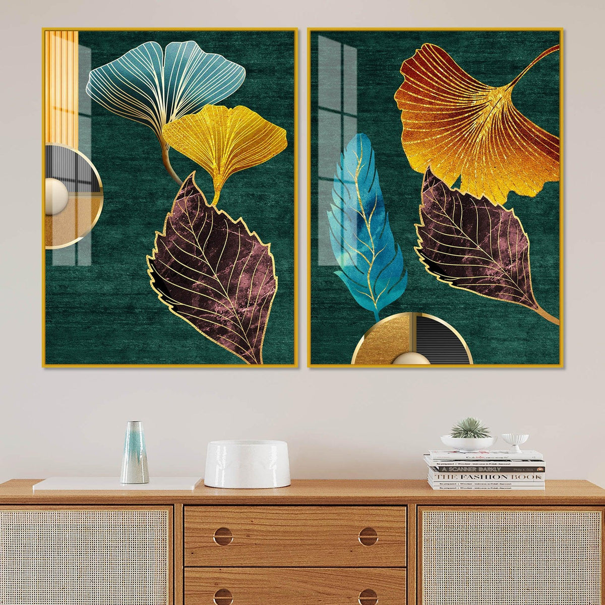 Colorful Golden Lines Leaves Acrylic Floating Wall Painting Set of 2 - Decor Mantra 