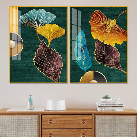 Colorful Golden Lines Leaves Acrylic Floating Wall Painting Set of 2 - Decor Mantra 