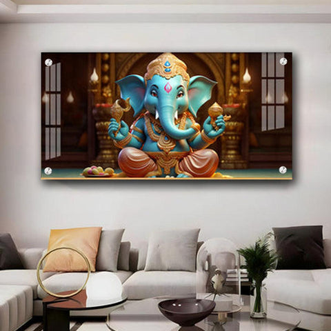 Lord Ganesha Holding Shell Horizontal Acrylic Premium Wall Art - Decor Mantra 
