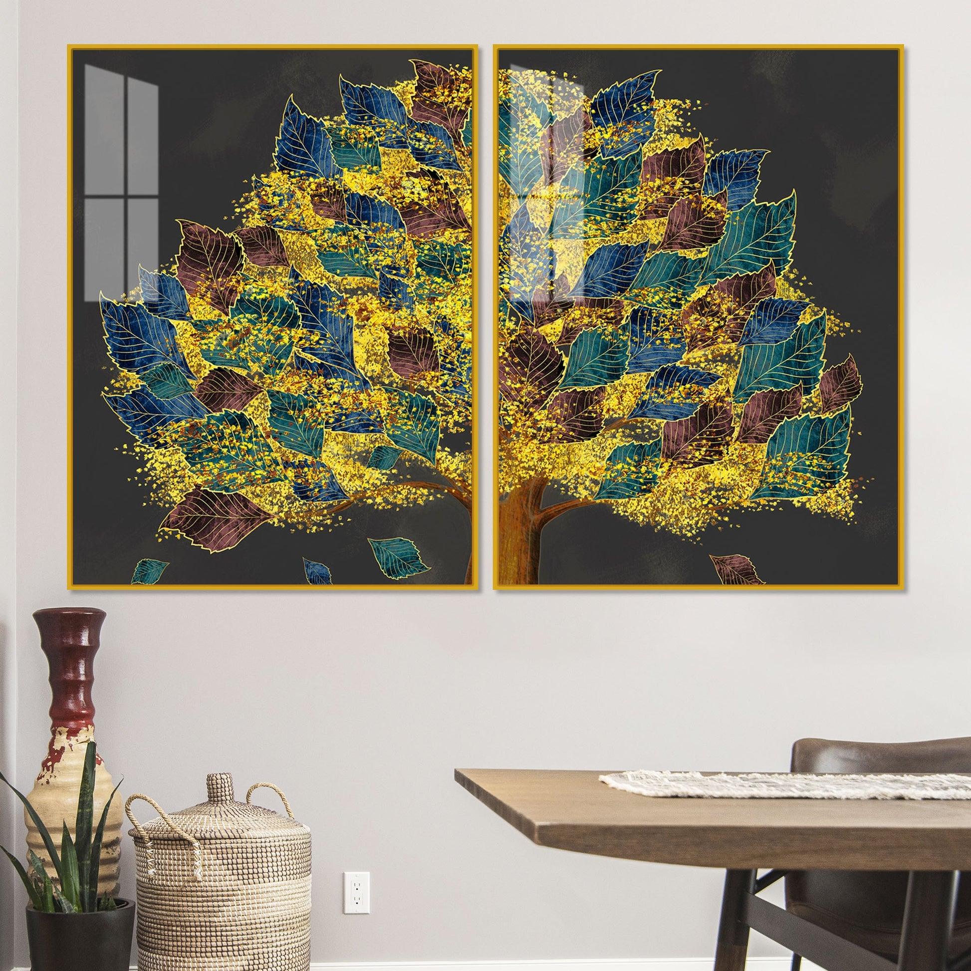 Luxury Golden Shiny Tufted Leaves Tree Acrylic Floating Wall Painting Set Of 2 - Decor Mantra 