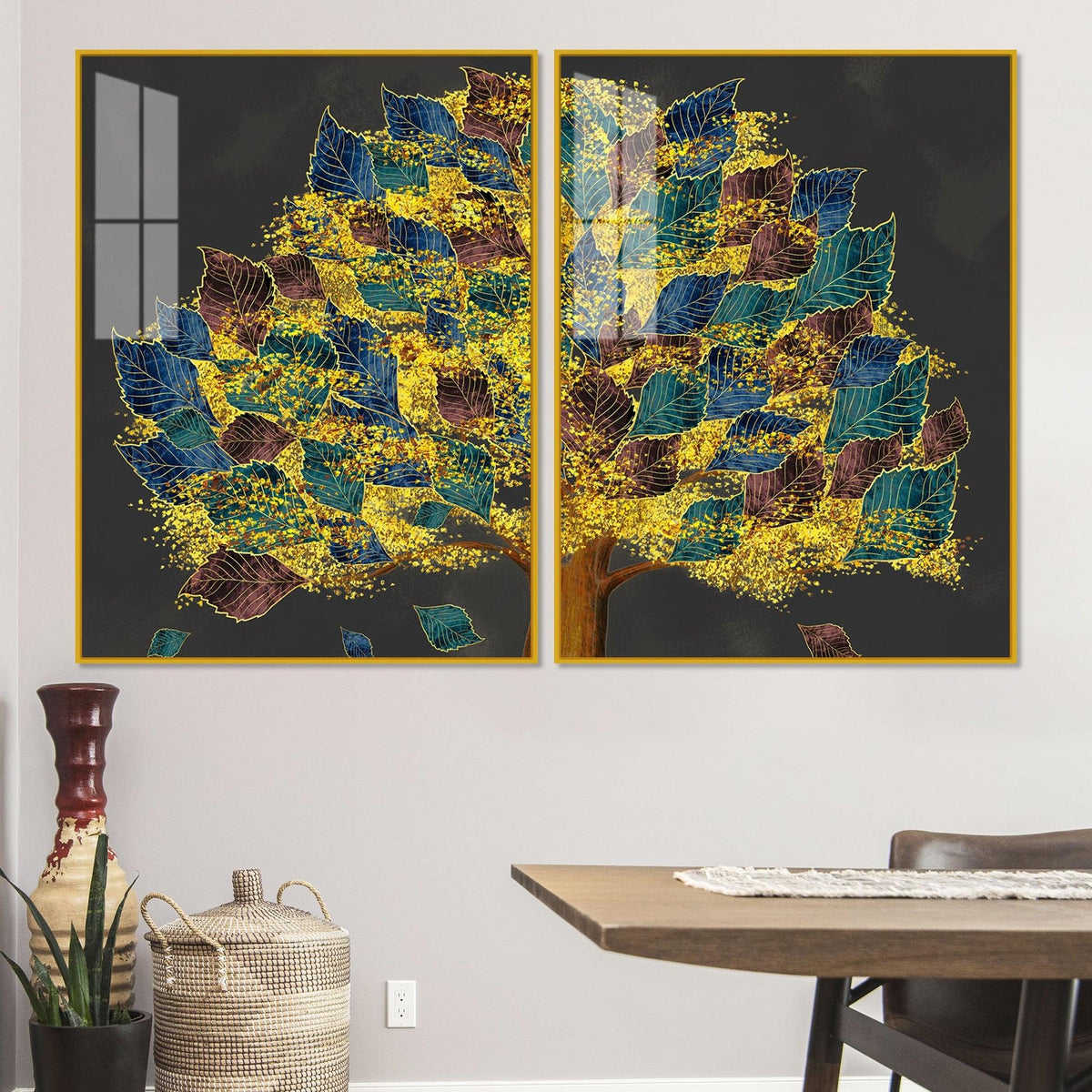 Luxury Golden Shiny Tufted Leaves Tree Acrylic Floating Wall Painting Set Of 2 - Decor Mantra 