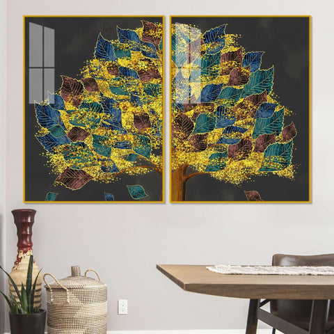 Luxury Golden Shiny Tufted Leaves Tree Acrylic Floating Wall Painting Set Of 2 - Decor Mantra 