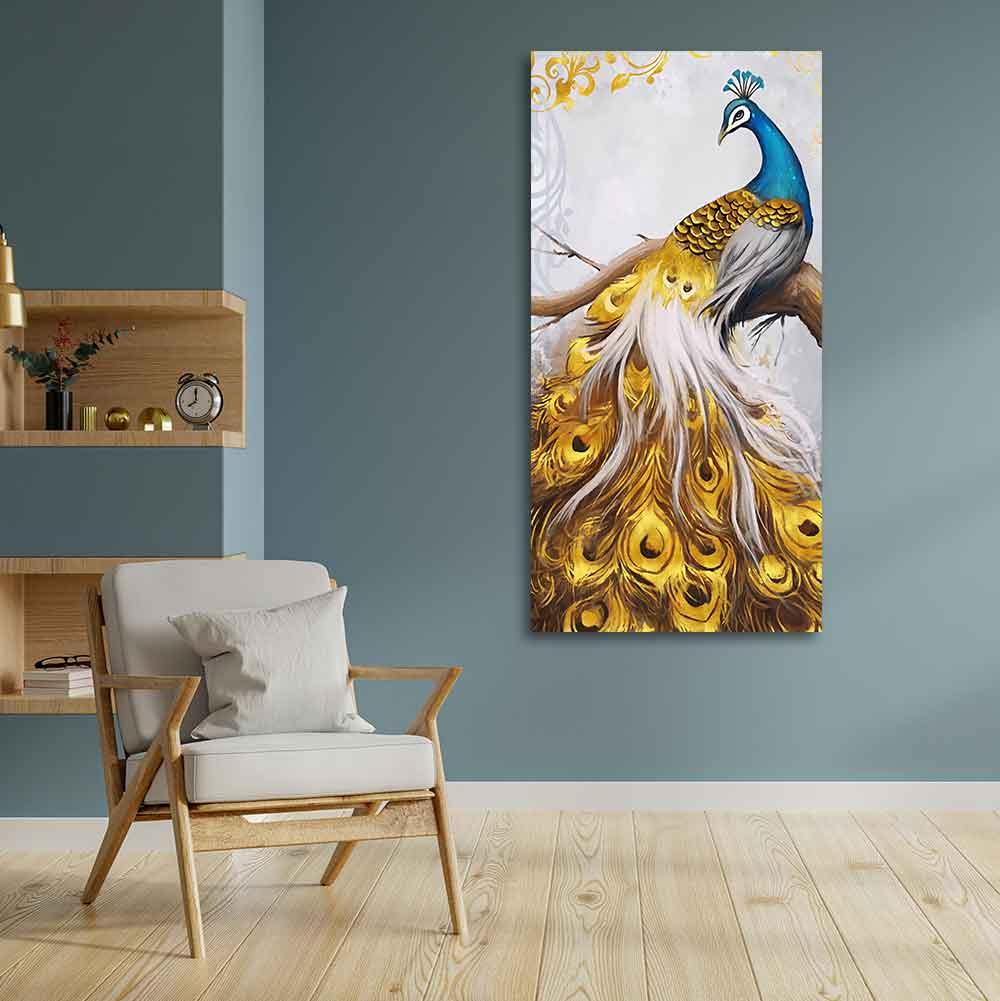 Classic Wall Painting of A Golden Feather Peacock - Decor Mantra 
