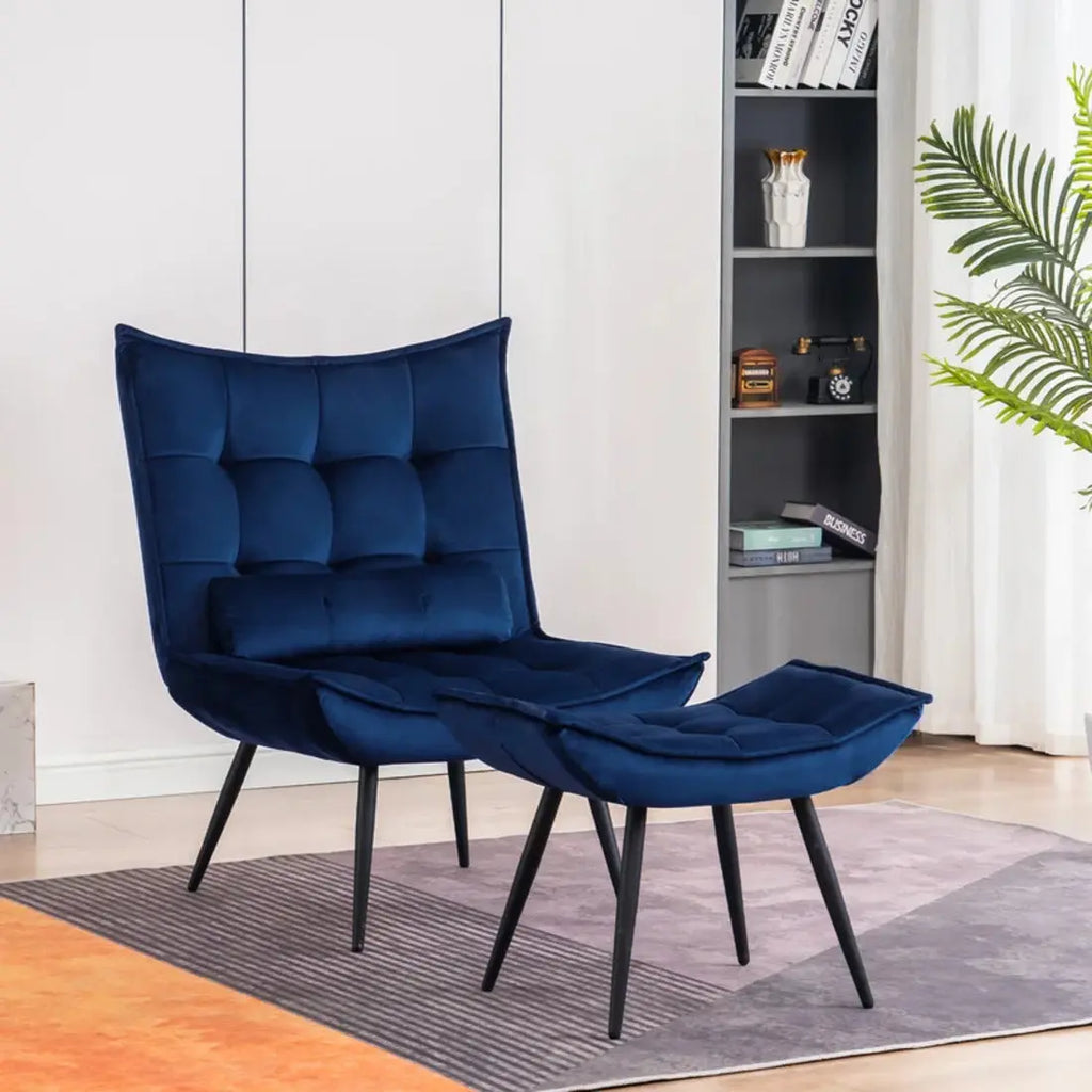 Navy Blue Plush Velvet Accent Chair With Footrest & Cushion DECORMANTRA