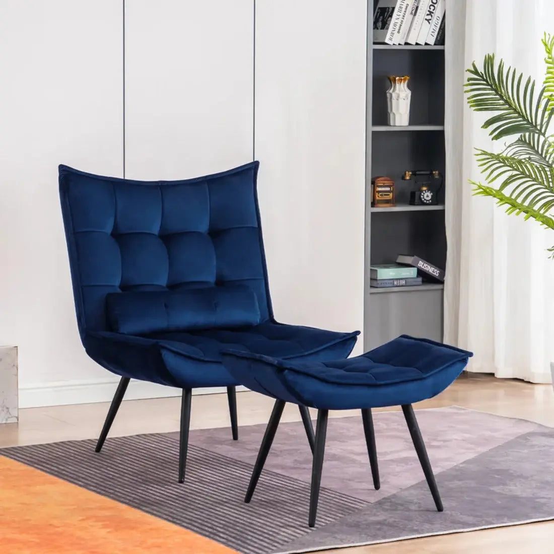 Navy Blue Plush Velvet Accent Chair With Footrest & Cushion DECORMANTRA