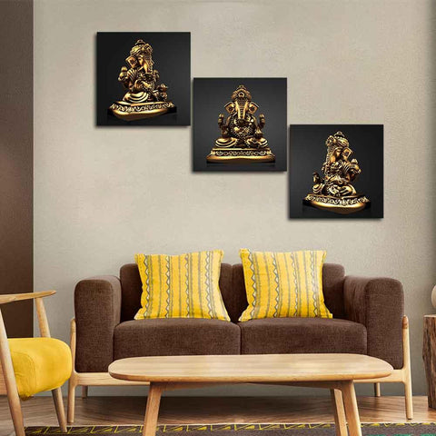 Golden Statue of Lord Ganesha Canvas Wall Painting of 3 Pieces - Decor Mantra 