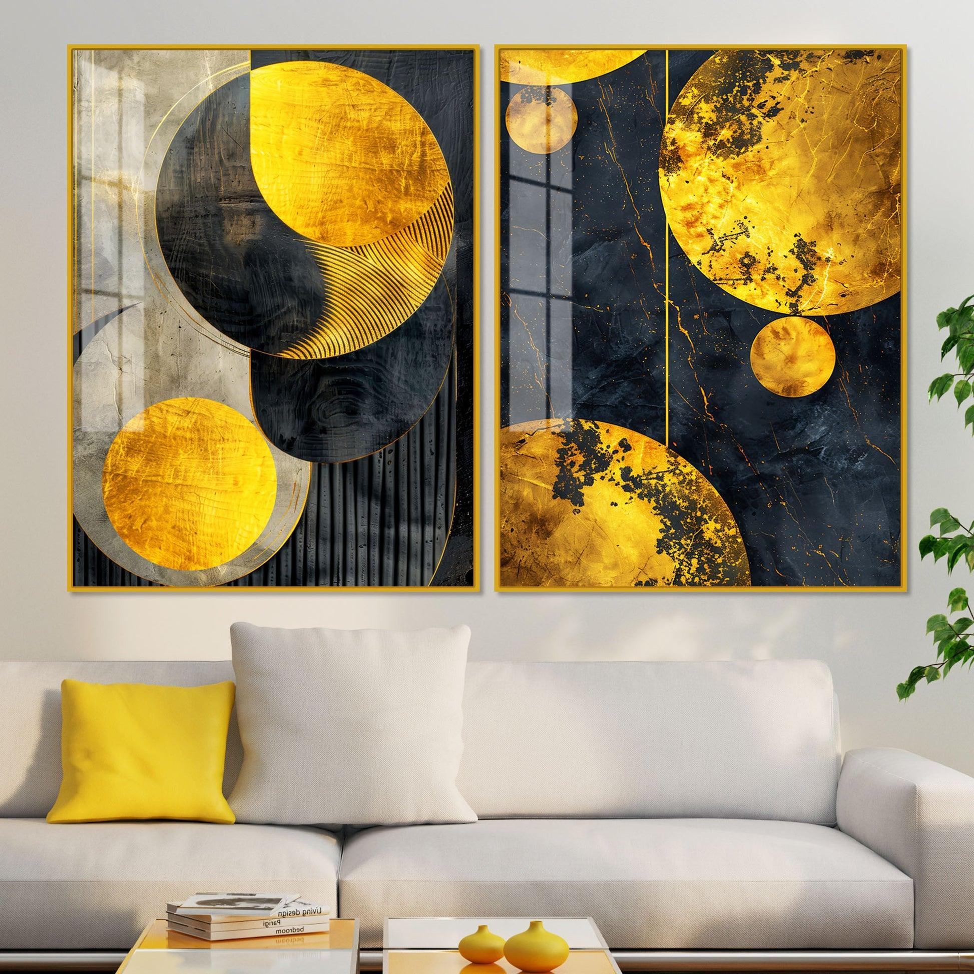 Modern Luxurious Golden Shapes Acrylic Floating Wall Painting Set Of 2 - Decor Mantra 